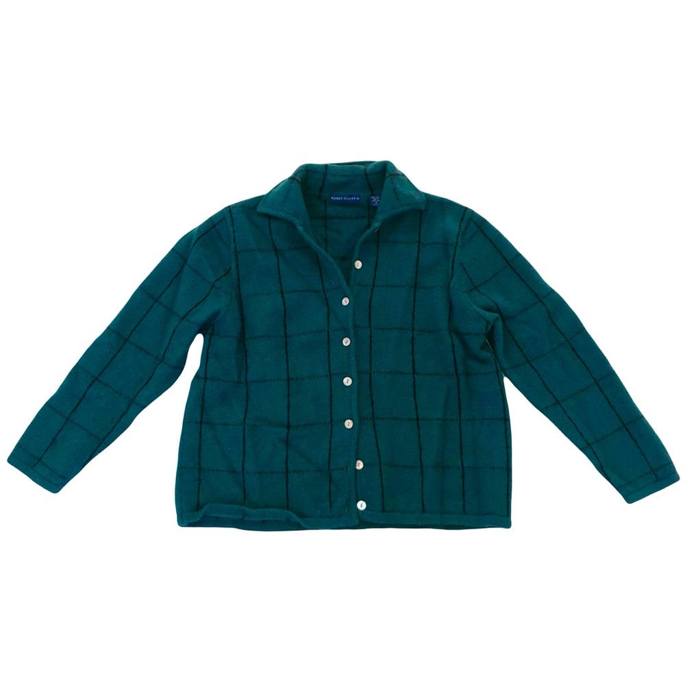 Vintage dark teal green checkered cardigan
